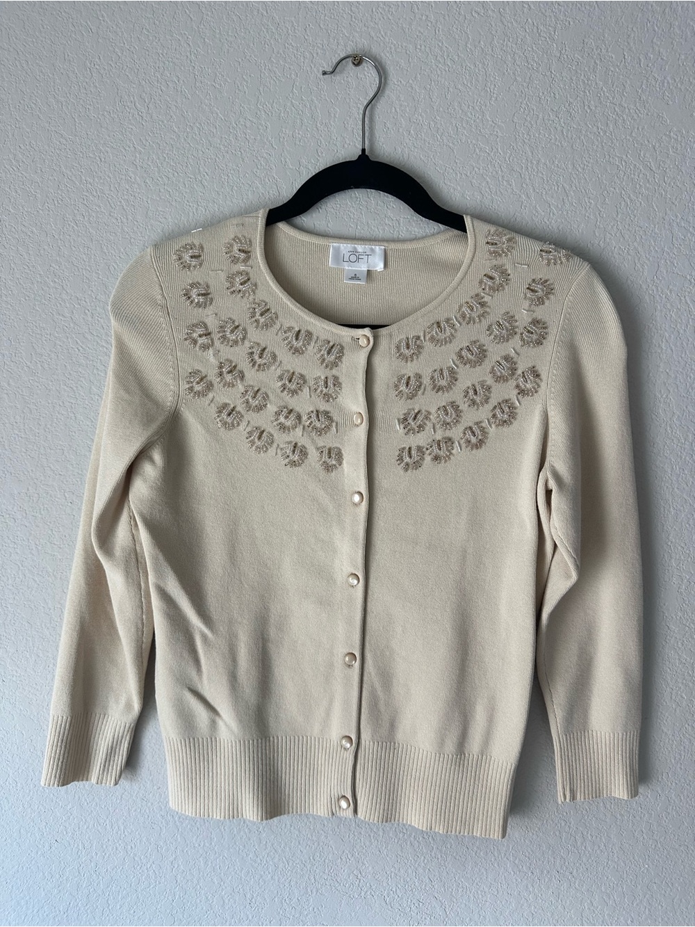 LOFT Cream Peacock Feather Embroidered Cardigan Sweater 3/4 Sleeve size S NWOT